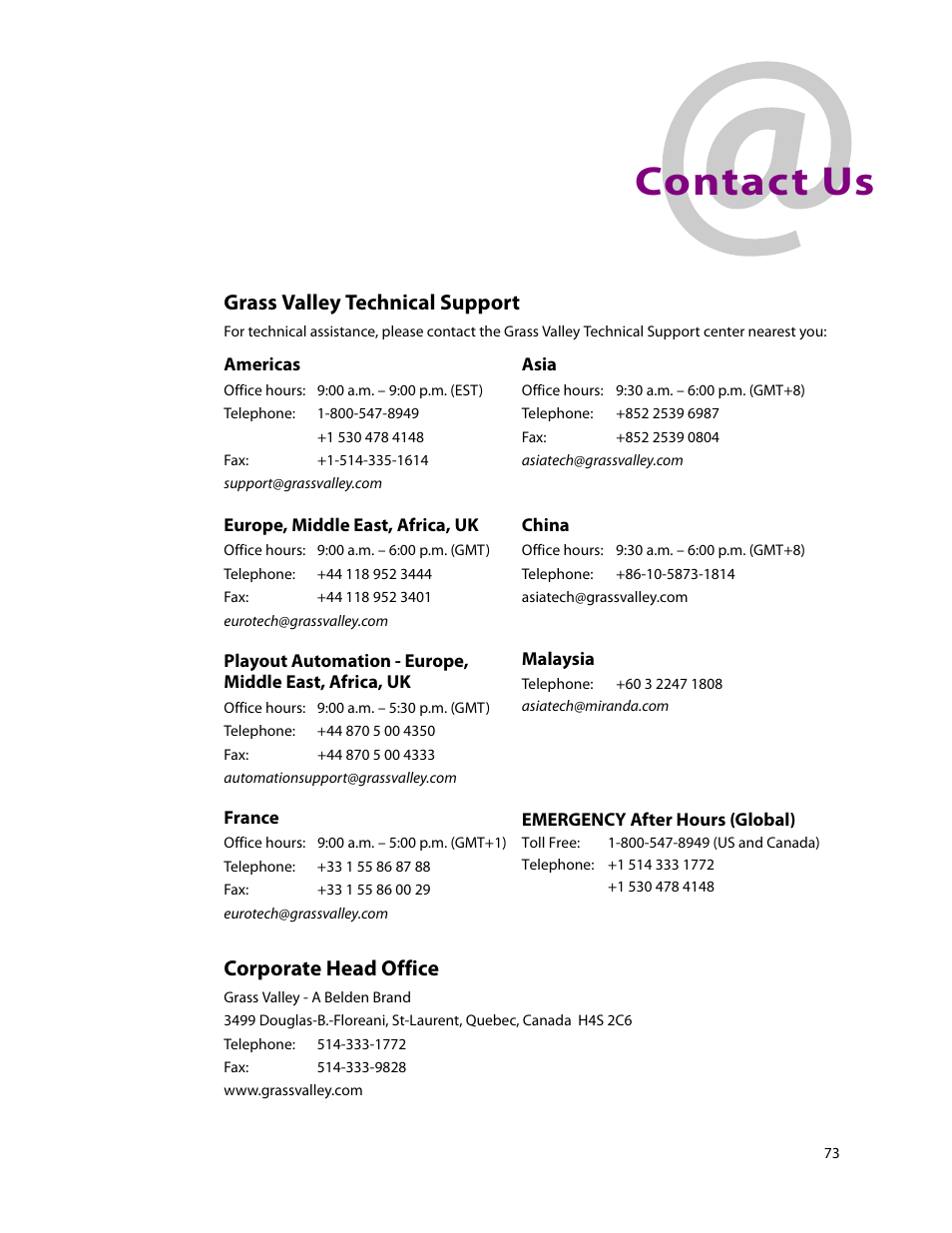 Contacttitle - contact us, Contact us, Grass valley technical support | Corporate head office | Grass Valley 3430AP CopperHead User Manual | Page 85 / 85