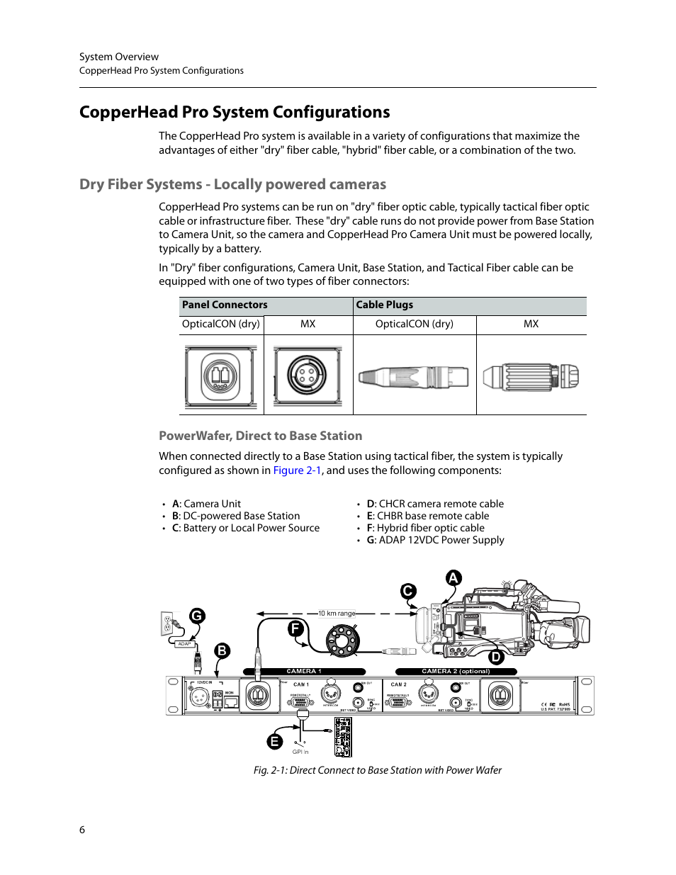 Copperhead pro system configurations, Dry fiber systems - locally powered cameras, Powerwafer, direct to base station | Grass Valley CopperHead Pro User Manual | Page 12 / 87