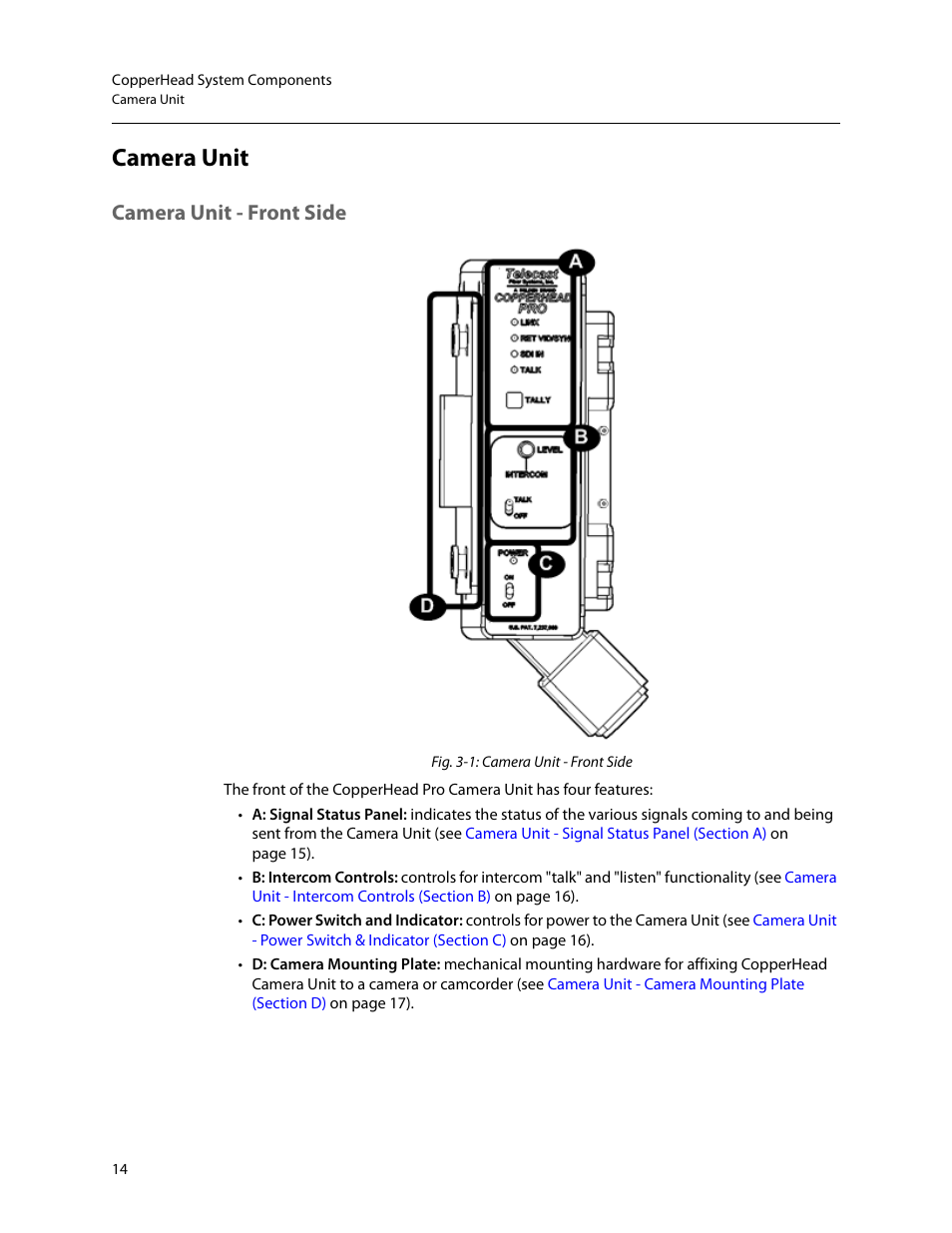 Camera unit, Camera unit - front side | Grass Valley CopperHead Pro User Manual | Page 20 / 87