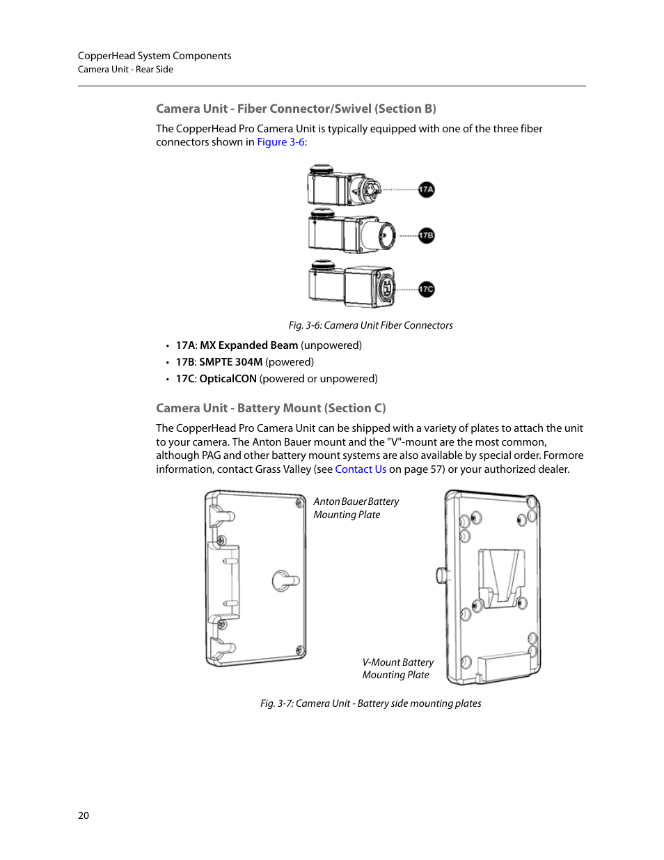 Camera unit - fiber connector/swivel (section b), Camera unit - battery mount (section c) | Grass Valley CopperHead Pro User Manual | Page 26 / 87