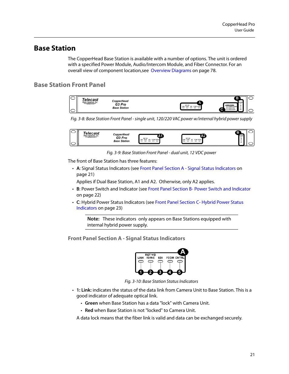 Base station, Base station front panel, Front panel section a - signal status indicators | Grass Valley CopperHead Pro User Manual | Page 27 / 87