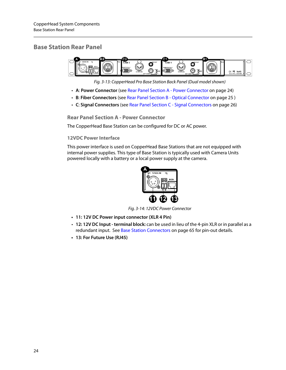 Base station rear panel, Rear panel section a - power connector | Grass Valley CopperHead Pro User Manual | Page 30 / 87