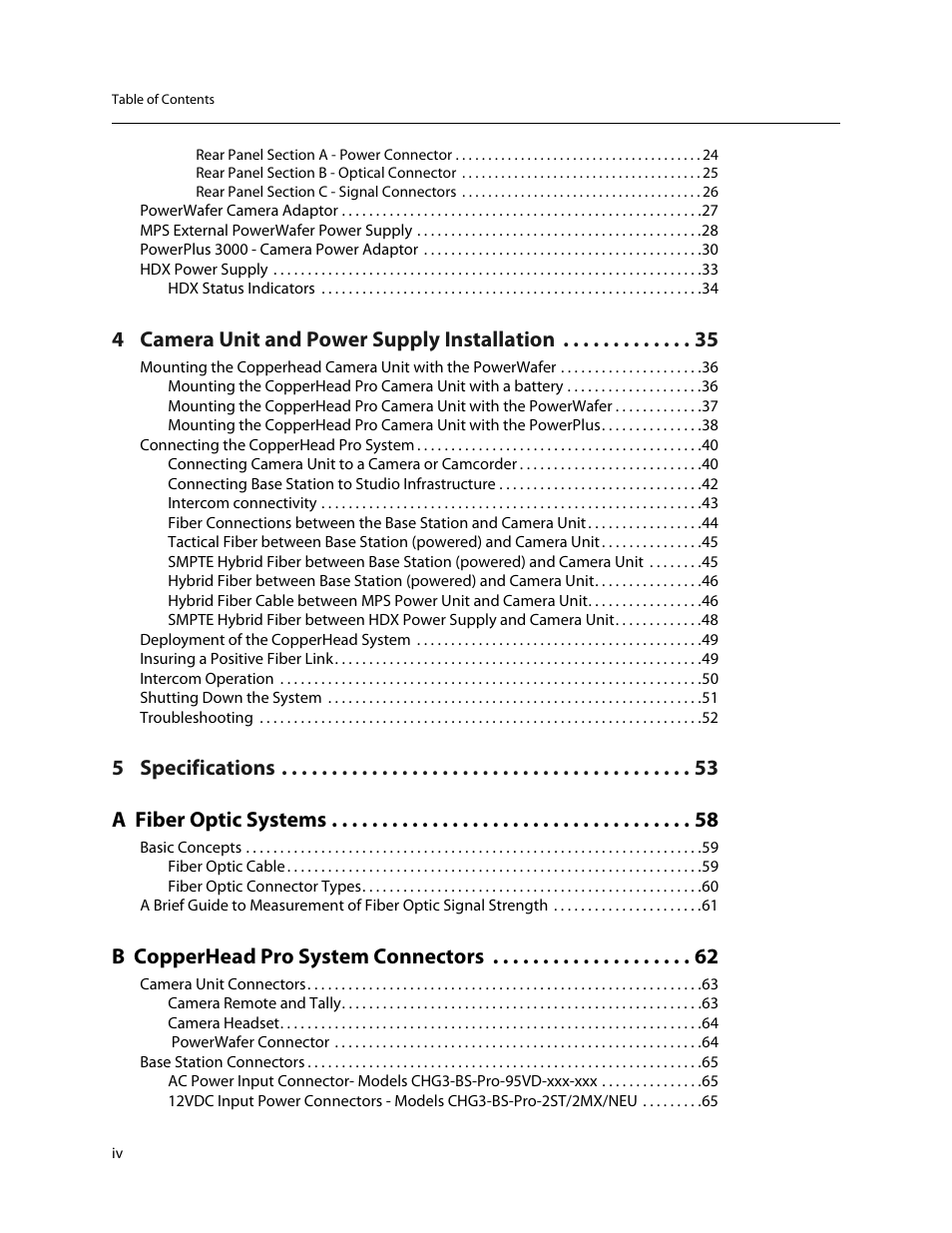 4 camera unit and power supply installation, 5 specifications a fiber optic systems, B copperhead pro system connectors | Grass Valley CopperHead Pro User Manual | Page 4 / 87