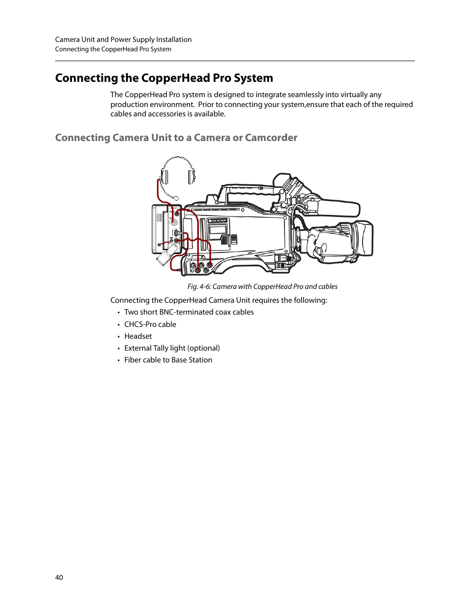 Connecting the copperhead pro system, Connecting camera unit to a camera or camcorder | Grass Valley CopperHead Pro User Manual | Page 46 / 87