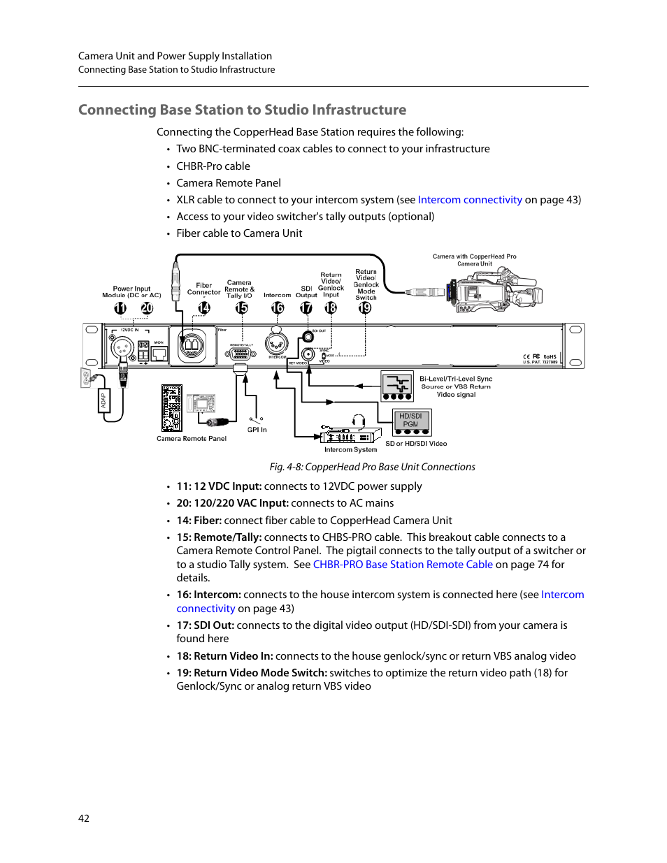 Connecting base station to studio infrastructure, Connecting base station to, Studio infrastructure | Grass Valley CopperHead Pro User Manual | Page 48 / 87