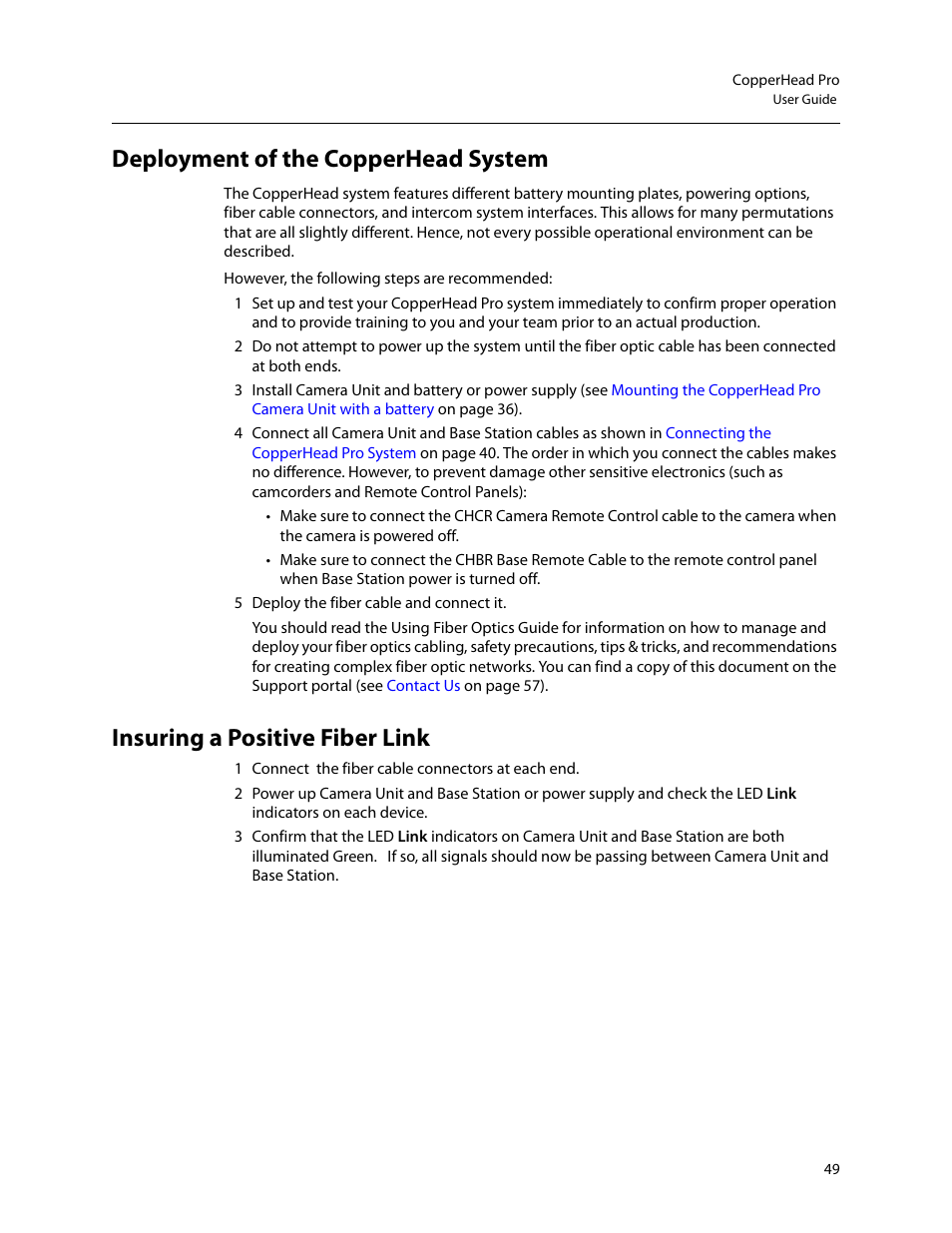 Deployment of the copperhead system, Insuring a positive fiber link | Grass Valley CopperHead Pro User Manual | Page 55 / 87