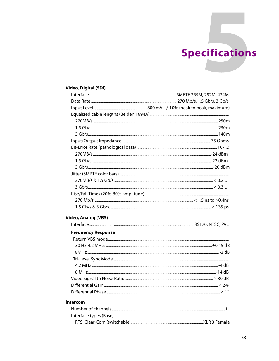 5 specifications, Specifications | Grass Valley CopperHead Pro User Manual | Page 59 / 87