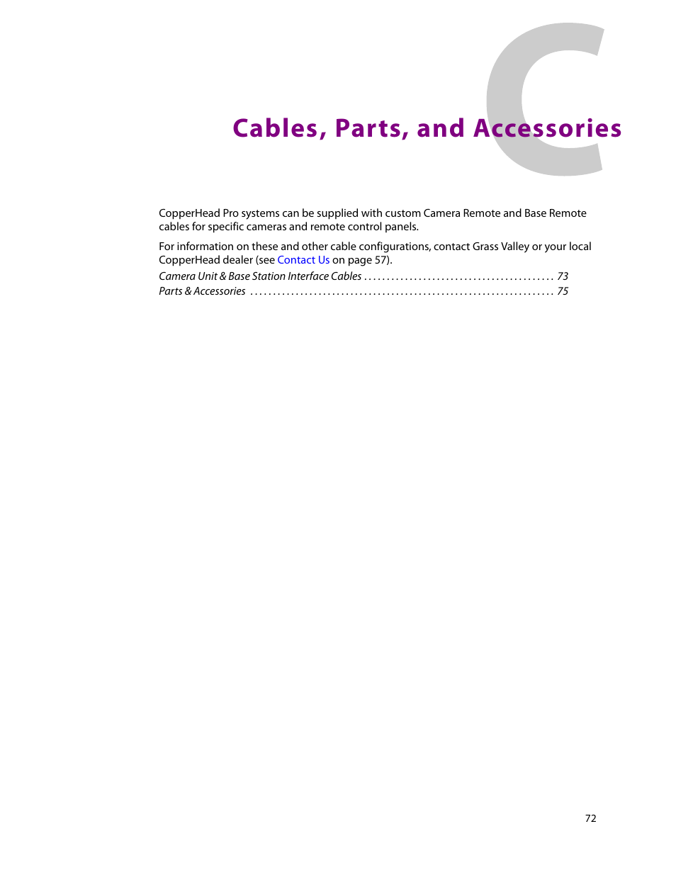 C cables, parts, and accessories, Cables, parts, and accessories | Grass Valley CopperHead Pro User Manual | Page 78 / 87