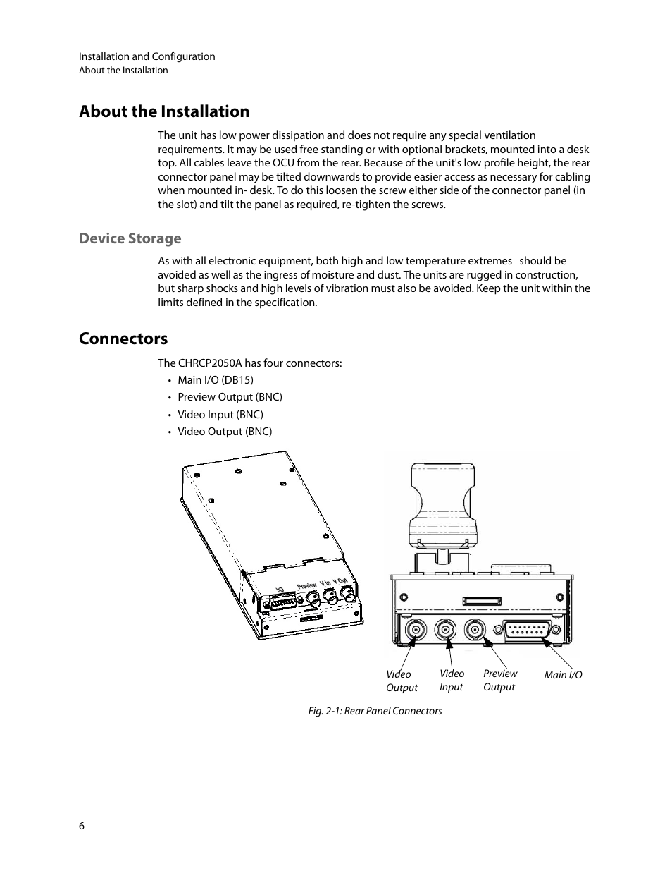 About the installation, Device storage, Connectors | Grass Valley RCP2050 User Manual | Page 10 / 41