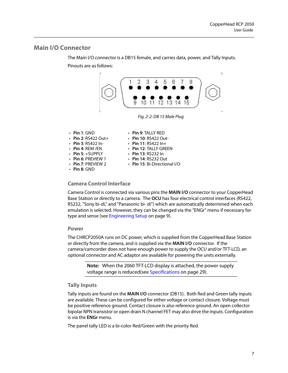 Main i/o connector, Camera control interface power tally inputs | Grass Valley RCP2050 User Manual | Page 11 / 41