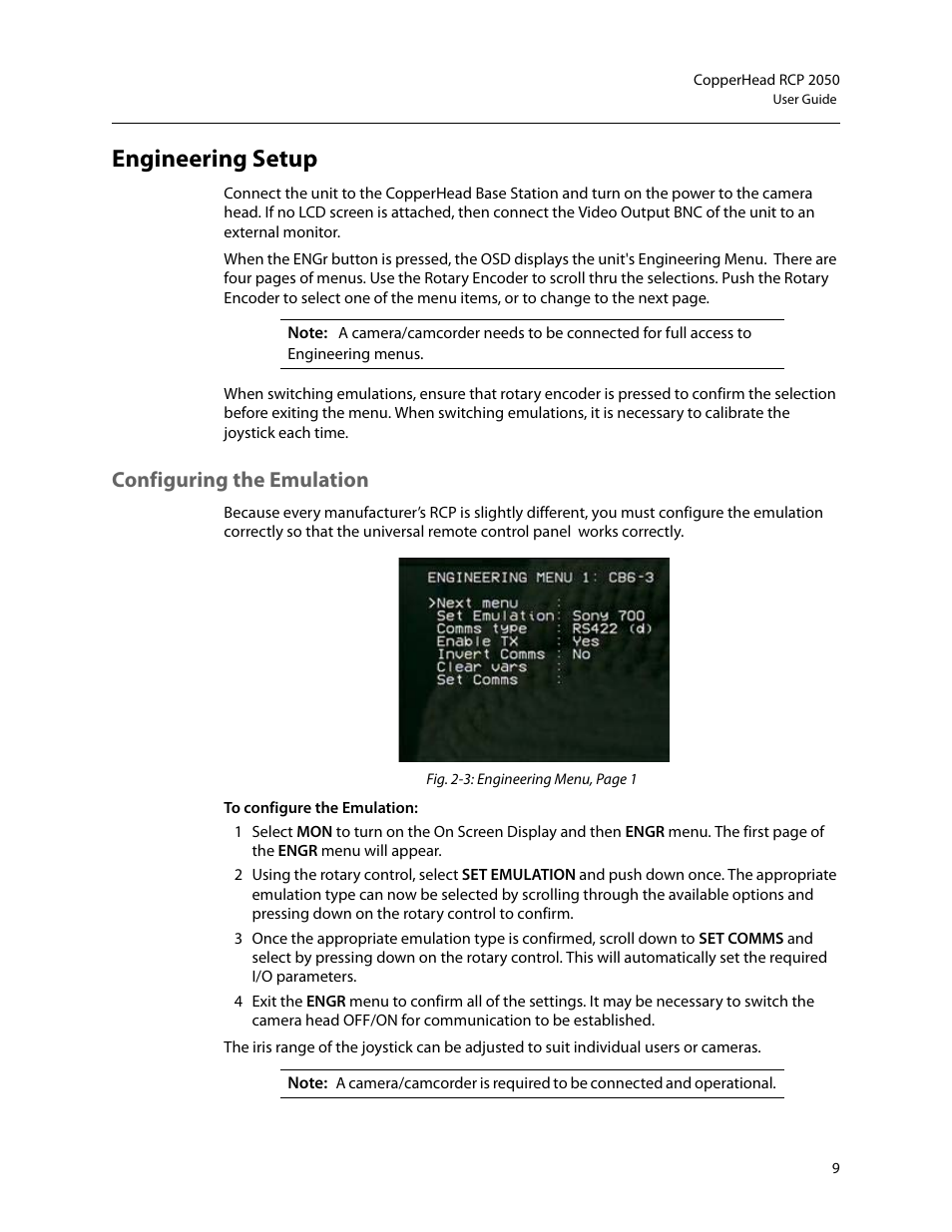 Engineering setup, Configuring the emulation | Grass Valley RCP2050 User Manual | Page 13 / 41