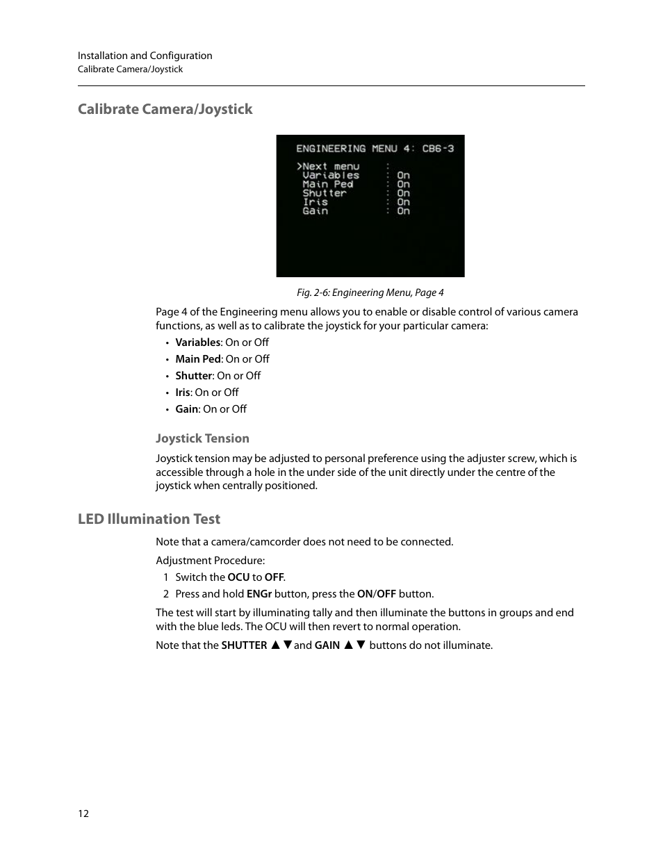 Calibrate camera/joystick, Joystick tension, Led illumination test | Grass Valley RCP2050 User Manual | Page 16 / 41