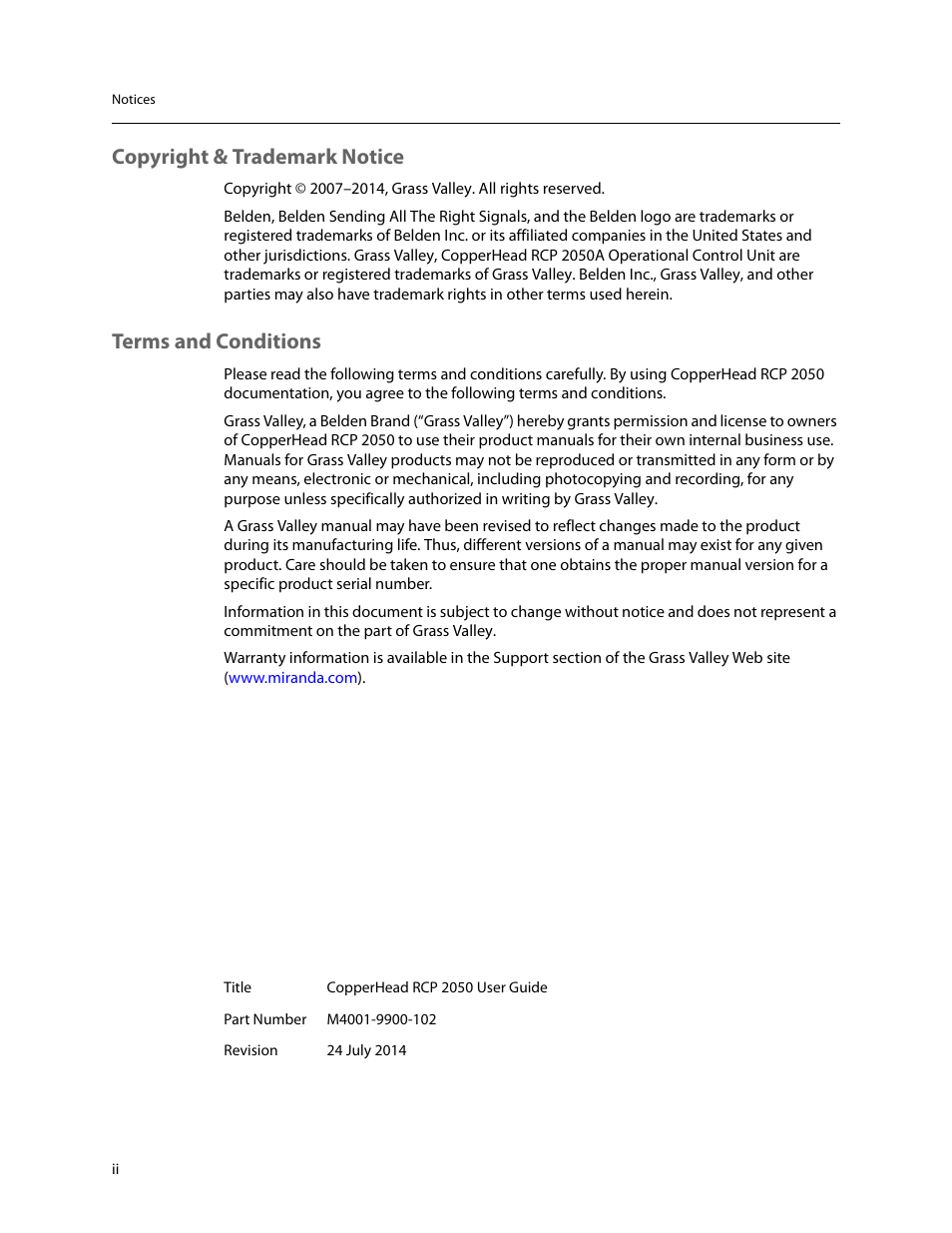 Copyright & trademark notice, Terms and conditions | Grass Valley RCP2050 User Manual | Page 2 / 41