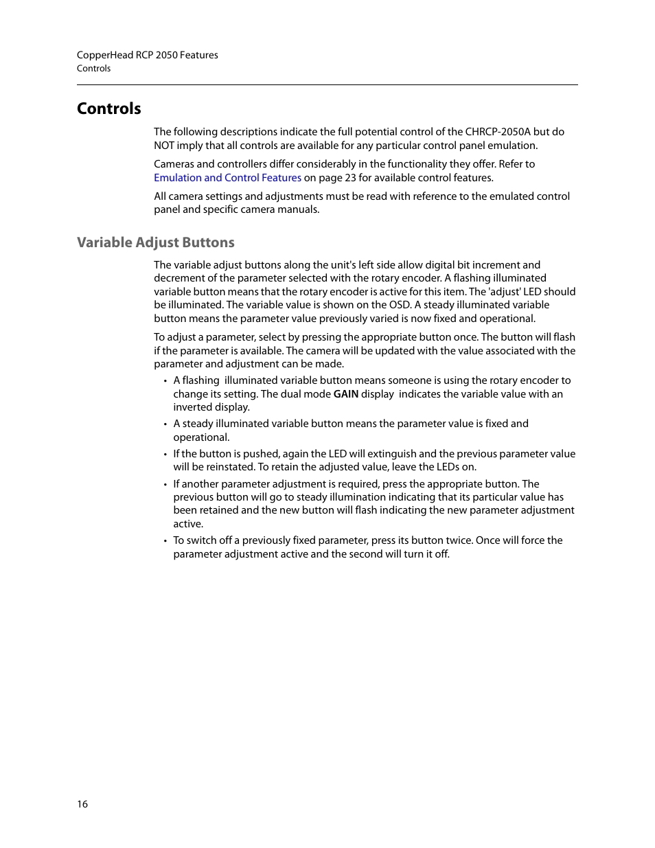 Controls, Variable adjust buttons | Grass Valley RCP2050 User Manual | Page 20 / 41