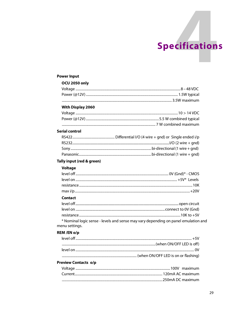 4 specifications, D(see, Specifications | Grass Valley RCP2050 User Manual | Page 33 / 41