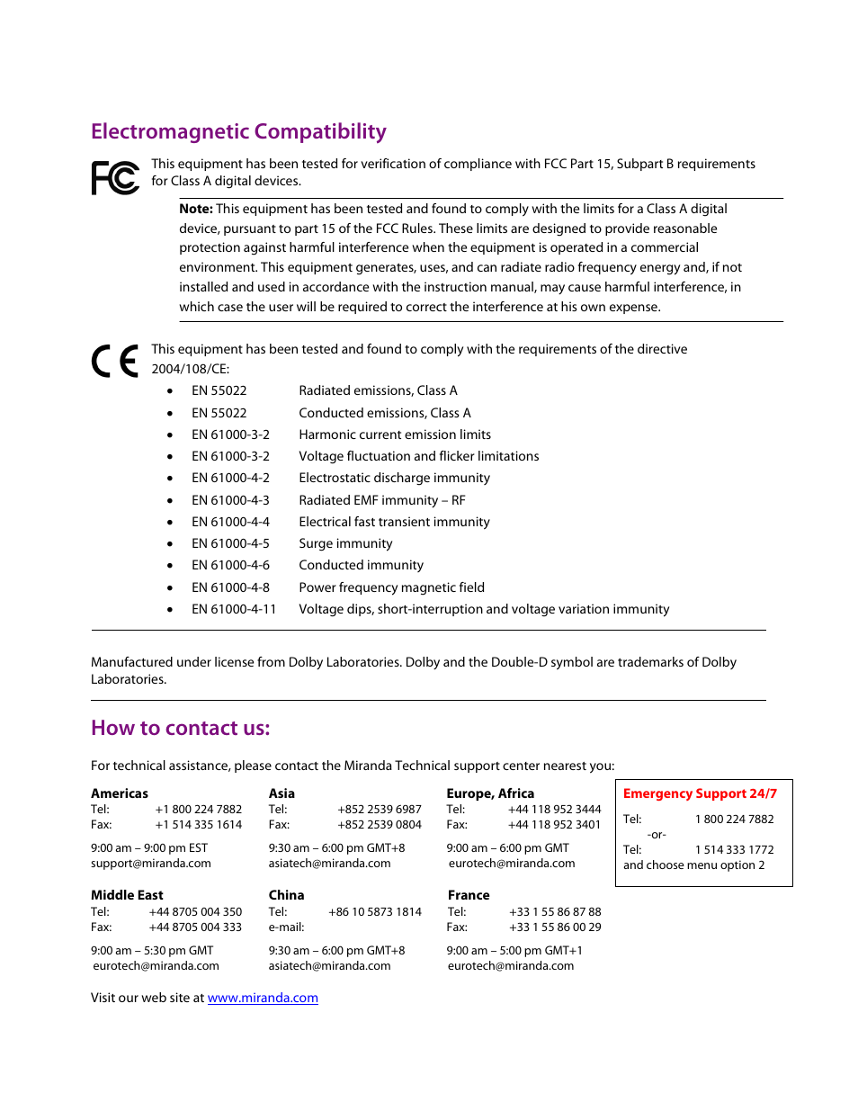 Electromagnetic compatibility, How to contact us | Grass Valley DAP-1781 User Manual | Page 2 / 70