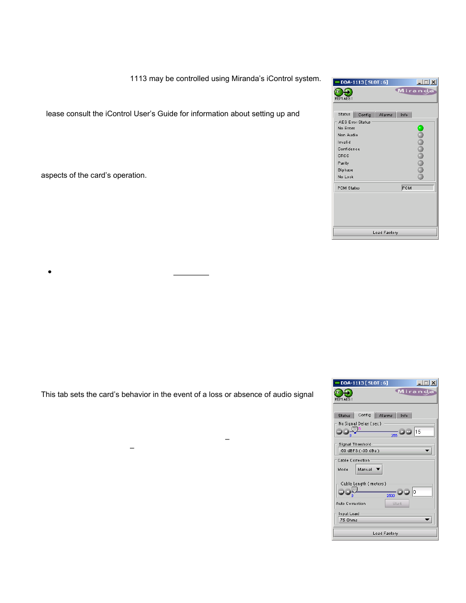 Icontrol interface, Status tab, Config tab | Grass Valley DDA-1113 User Manual | Page 11 / 15