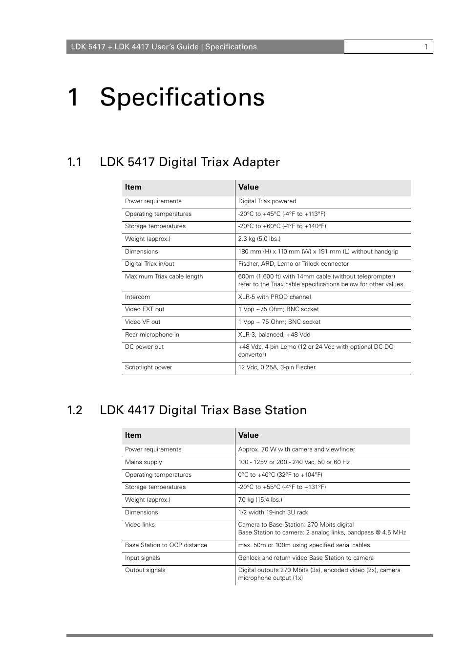 1 specifications | Grass Valley LDK 5417 User Manual | Page 13 / 56