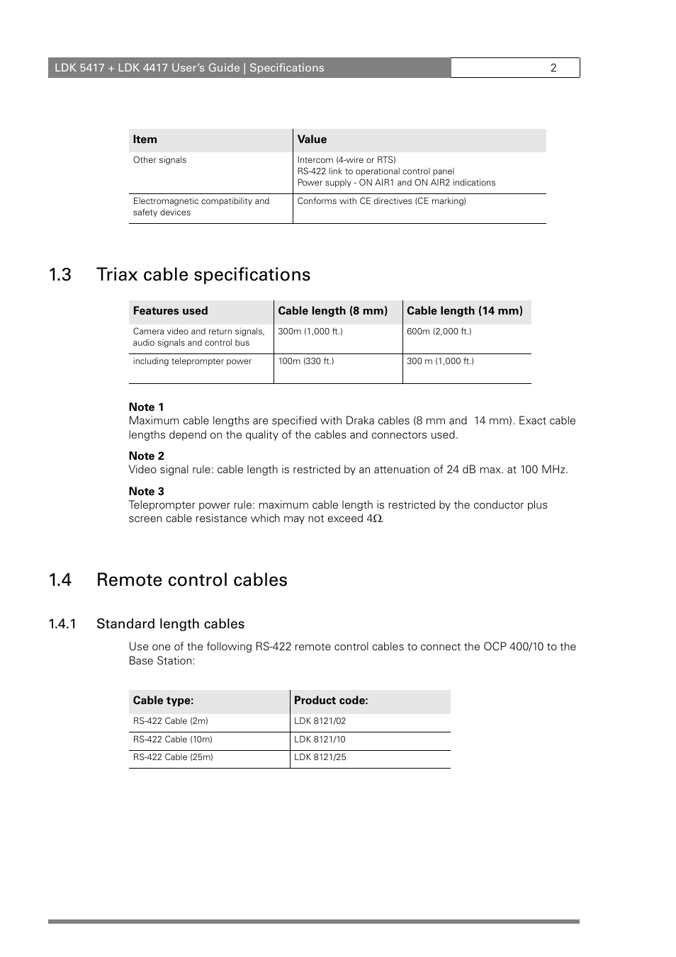 3 triax cable specifications, 4 remote control cables, 1 standard length cables | Grass Valley LDK 5417 User Manual | Page 14 / 56