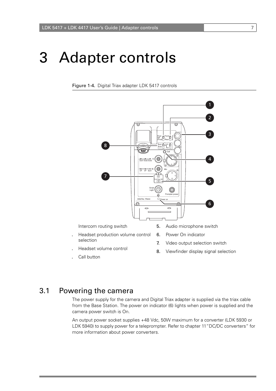 3 adapter controls, 1 powering the camera | Grass Valley LDK 5417 User Manual | Page 19 / 56