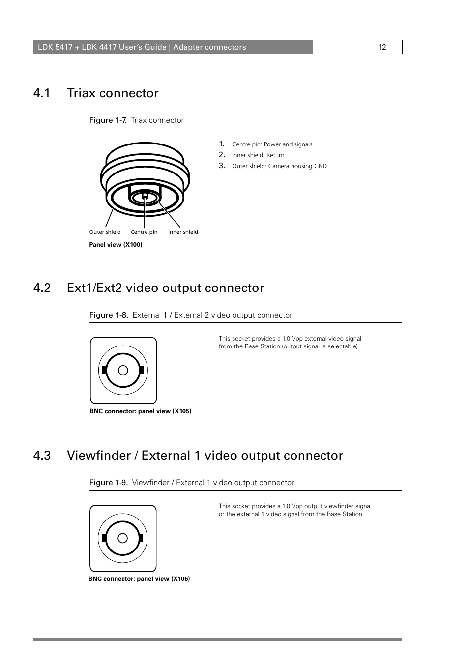 1 triax connector, 2 ext1/ext2 video output connector, 3 viewfinder / external 1 video output connector | Grass Valley LDK 5417 User Manual | Page 24 / 56