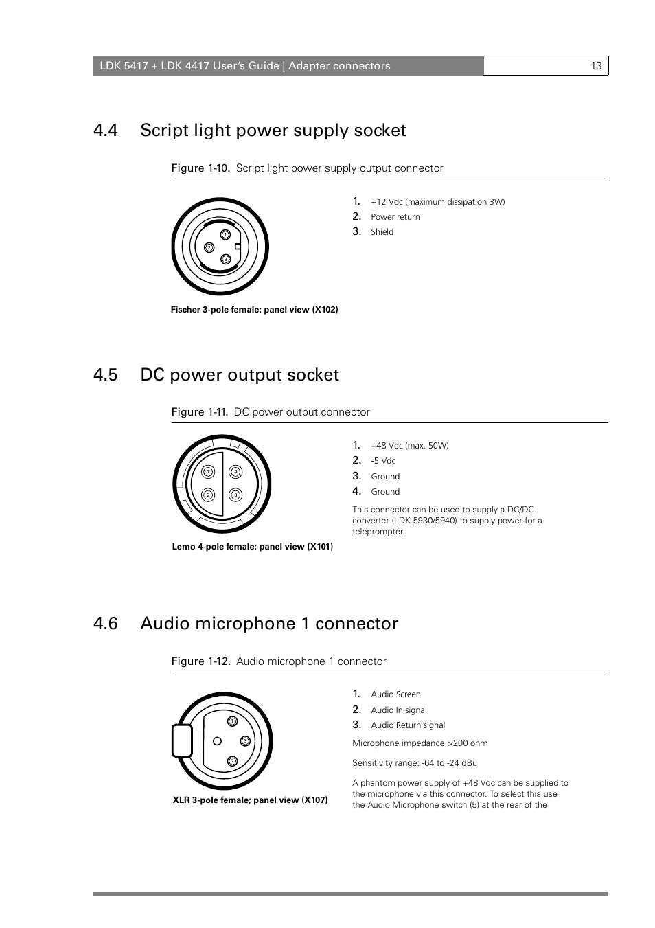 4 script light power supply socket, 5 dc power output socket, 6 audio microphone 1 connector | Grass Valley LDK 5417 User Manual | Page 25 / 56