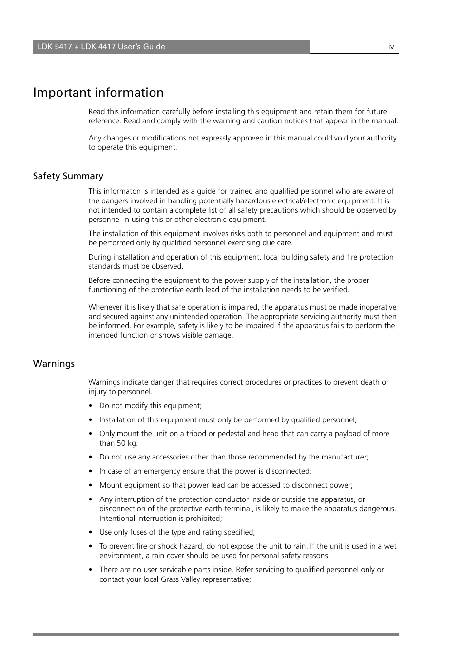 Important information | Grass Valley LDK 5417 User Manual | Page 6 / 56