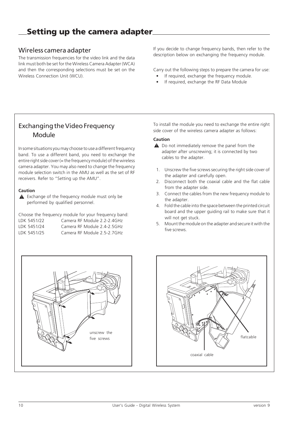 Setting up the camera adapter, Exchanging the video frequency module, Wireless camera adapter | Grass Valley Digital Wireless Triax Camera System User Manual | Page 10 / 44