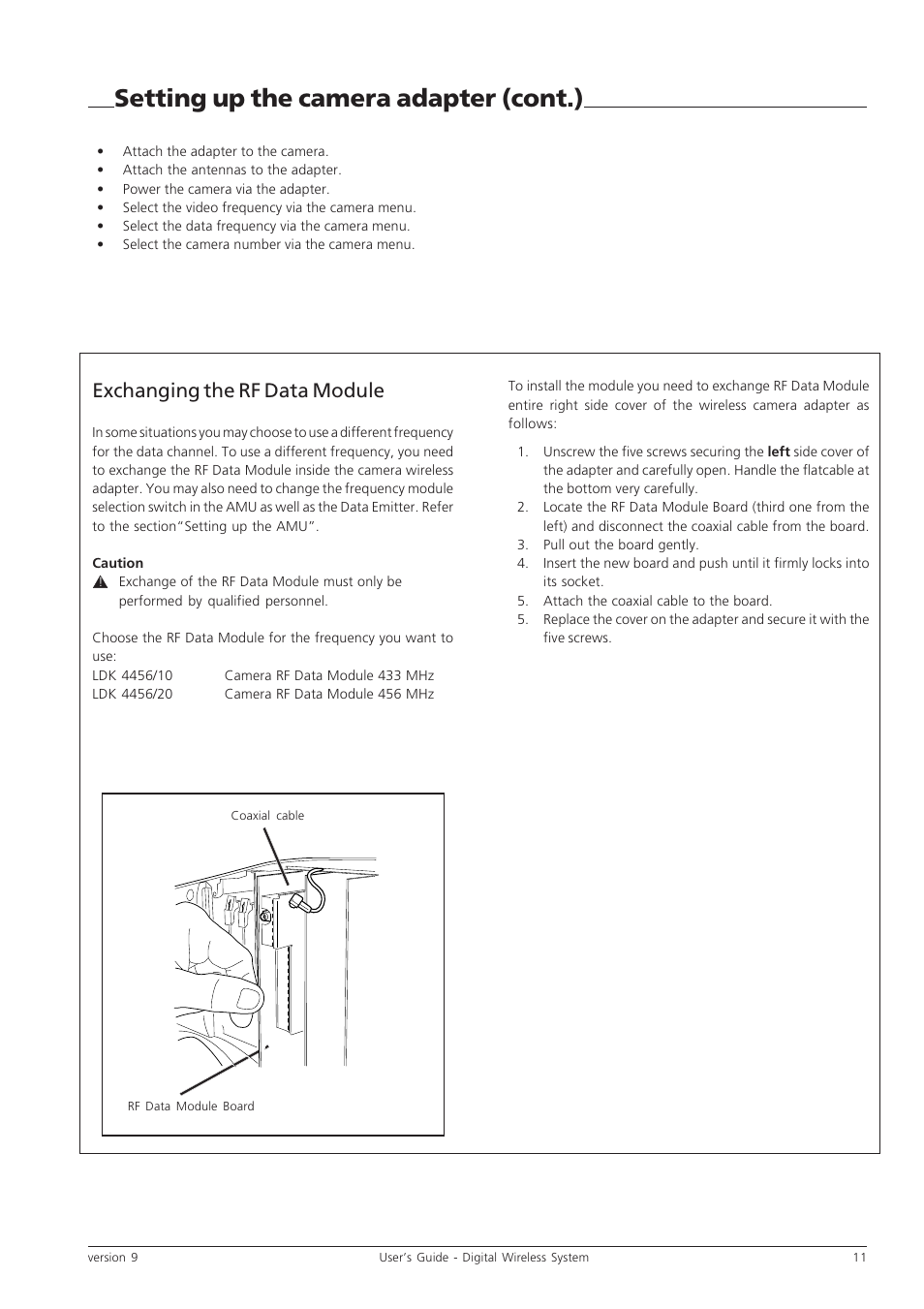Setting up the camera adapter (cont.), Exchanging the rf data module | Grass Valley Digital Wireless Triax Camera System User Manual | Page 11 / 44