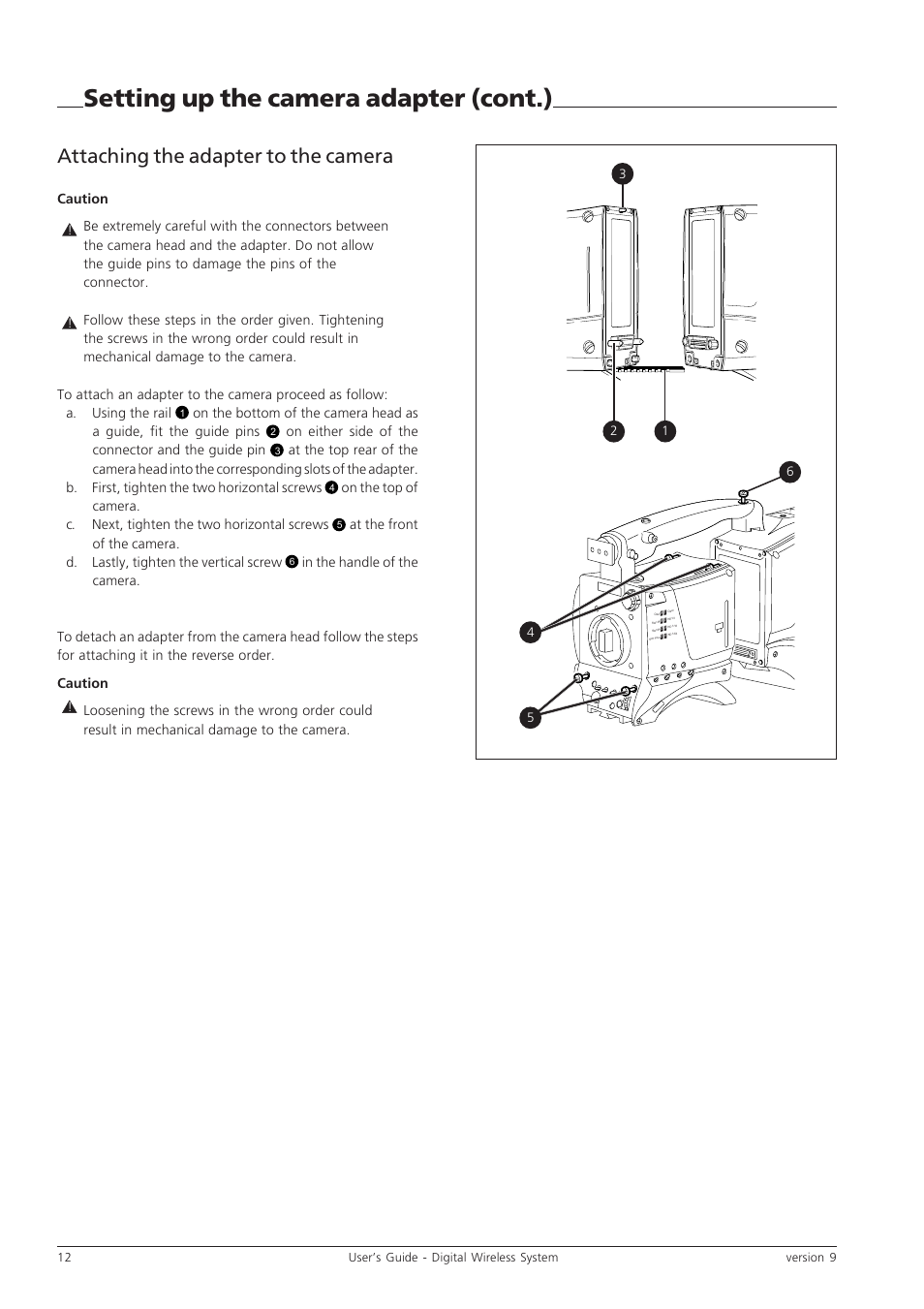 Setting up the camera adapter (cont.), Attaching the adapter to the camera | Grass Valley Digital Wireless Triax Camera System User Manual | Page 12 / 44