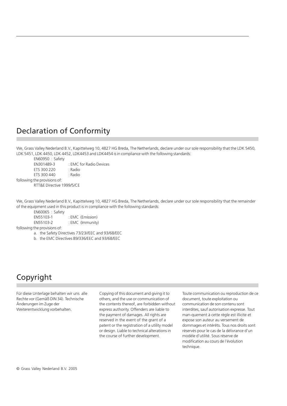 Declaration of conformity, Copyright | Grass Valley Digital Wireless Triax Camera System User Manual | Page 2 / 44