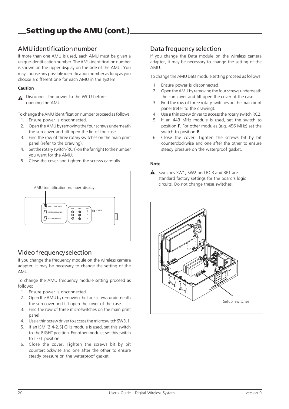 Setting up the amu (cont.), Amu identification number, Video frequency selection | Data frequency selection | Grass Valley Digital Wireless Triax Camera System User Manual | Page 20 / 44