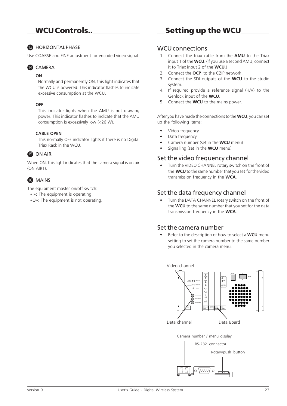 Setting up the wcu, Wcu controls, Wcu connections | Set the video frequency channel, Set the data frequency channel, Set the camera number, Horizontal phase, Camera, On air, Mains | Grass Valley Digital Wireless Triax Camera System User Manual | Page 23 / 44