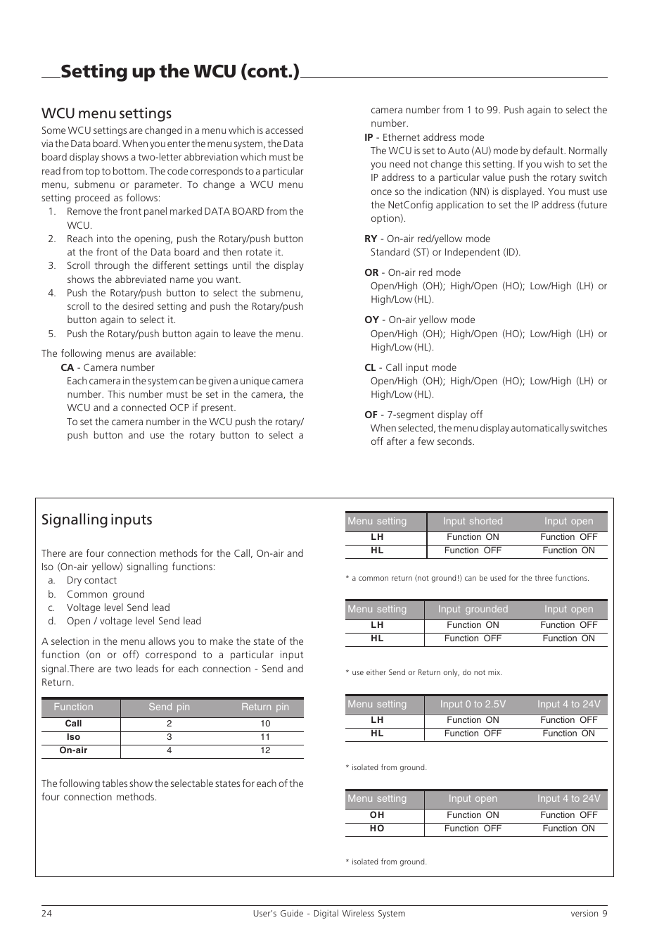 Setting up the wcu (cont.), Wcu menu settings, Signalling inputs | Grass Valley Digital Wireless Triax Camera System User Manual | Page 24 / 44