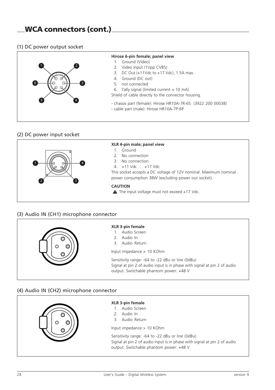 Wca connectors (cont.), 3) audio in (ch1) microphone connector, 4) audio in (ch2) microphone connector | Grass Valley Digital Wireless Triax Camera System User Manual | Page 28 / 44