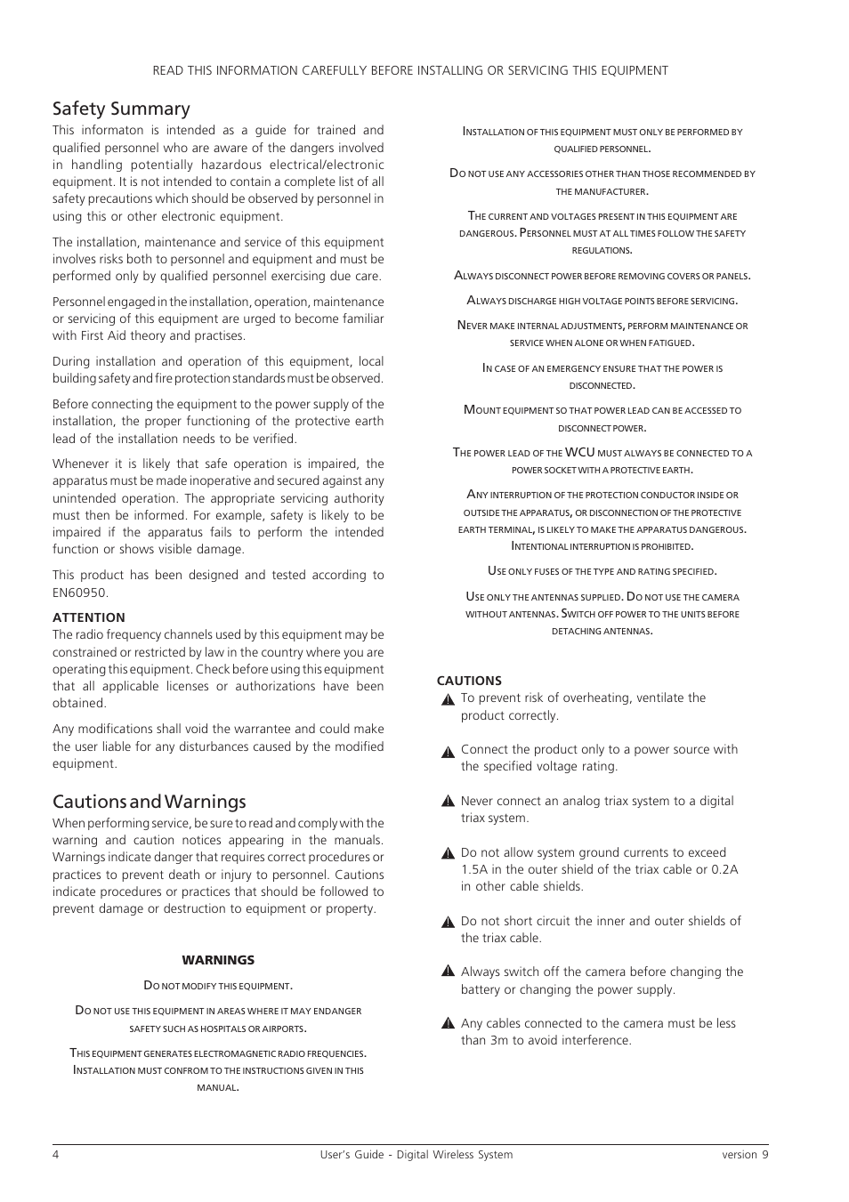 Safety summary, Cautions and warnings | Grass Valley Digital Wireless Triax Camera System User Manual | Page 4 / 44