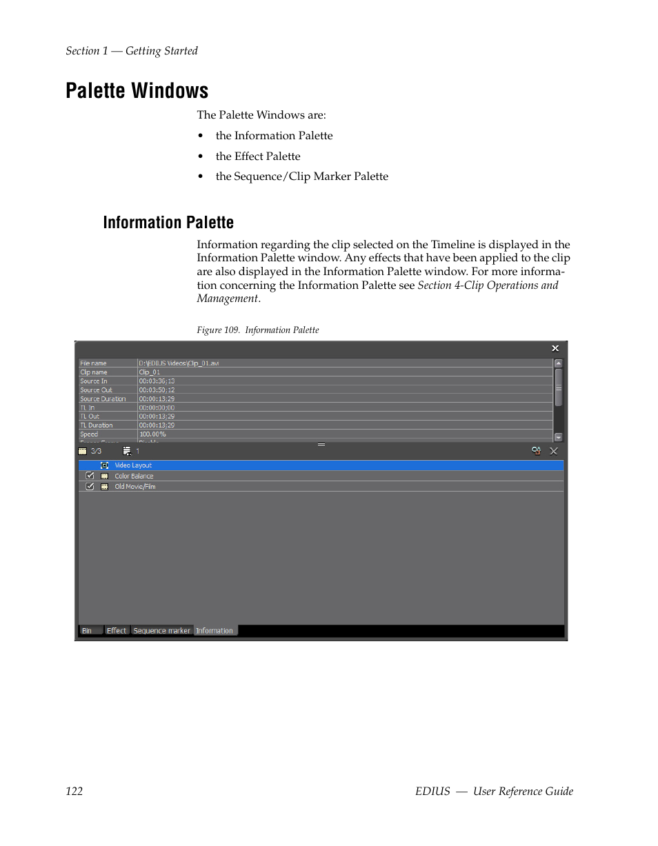 Palette windows, Information palette | Grass Valley EDIUS v.5.1 User Manual | Page 122 / 790