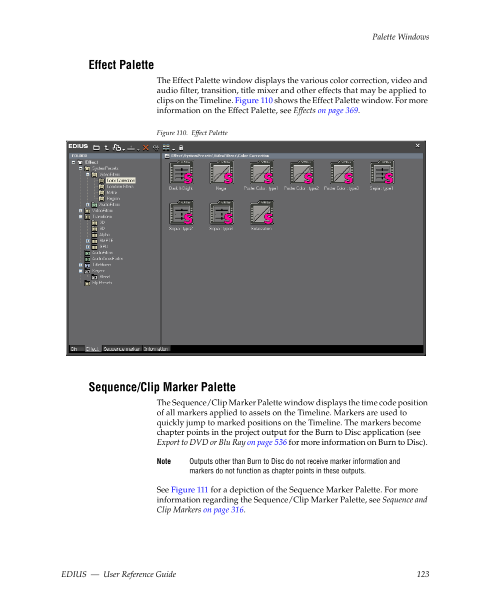 Effect palette, Sequence/clip marker palette | Grass Valley EDIUS v.5.1 User Manual | Page 123 / 790