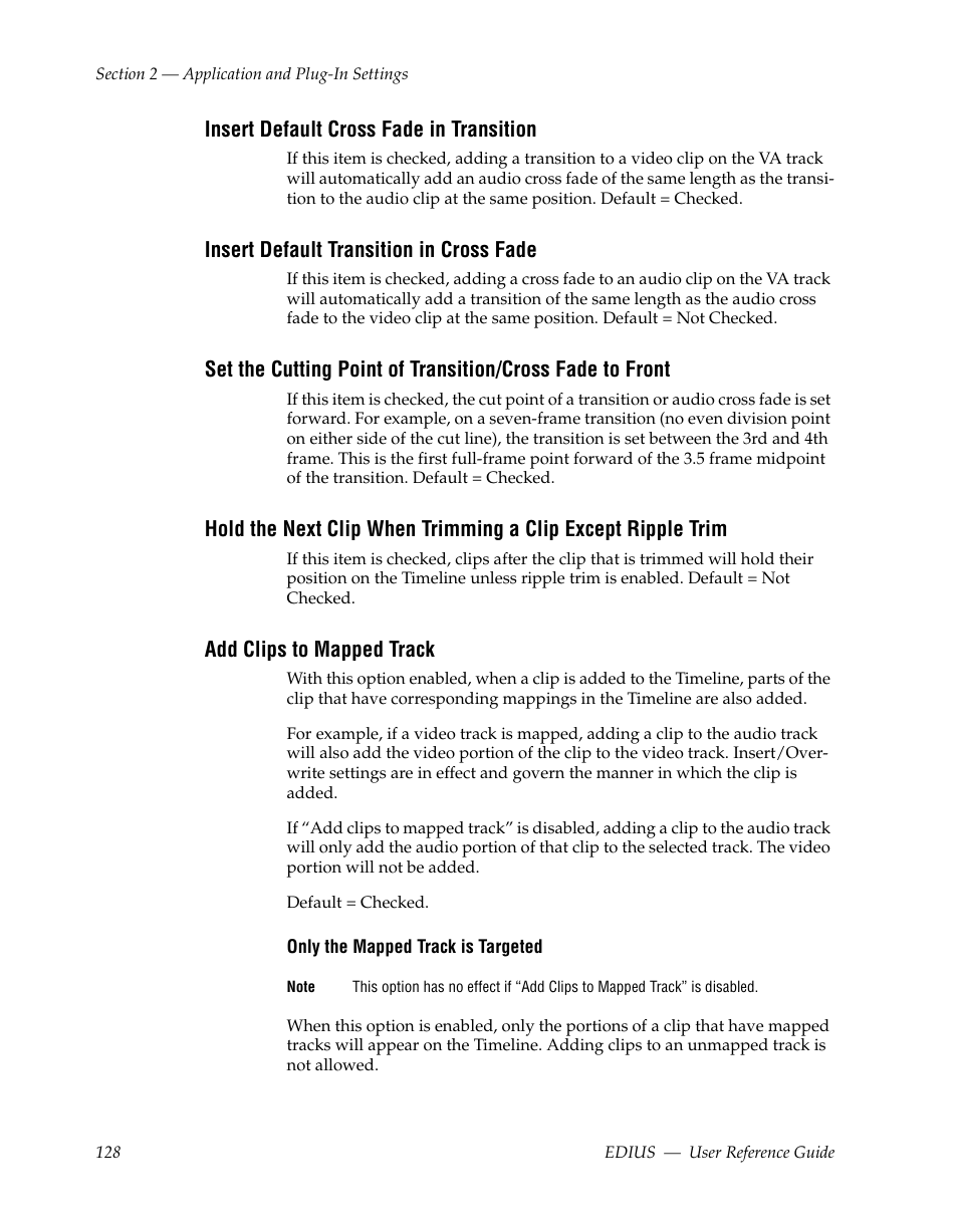 Insert default cross fade in transition, Insert default transition in cross fade, Add clips to mapped track | Grass Valley EDIUS v.5.1 User Manual | Page 128 / 790