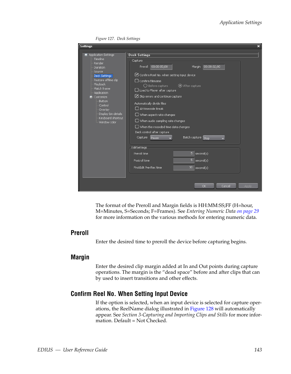 Preroll, Margin, Confirm reel no. when setting input device | Figure 127 | Grass Valley EDIUS v.5.1 User Manual | Page 143 / 790