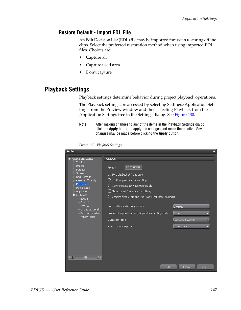 Restore default - import edl file, Playback settings | Grass Valley EDIUS v.5.1 User Manual | Page 147 / 790