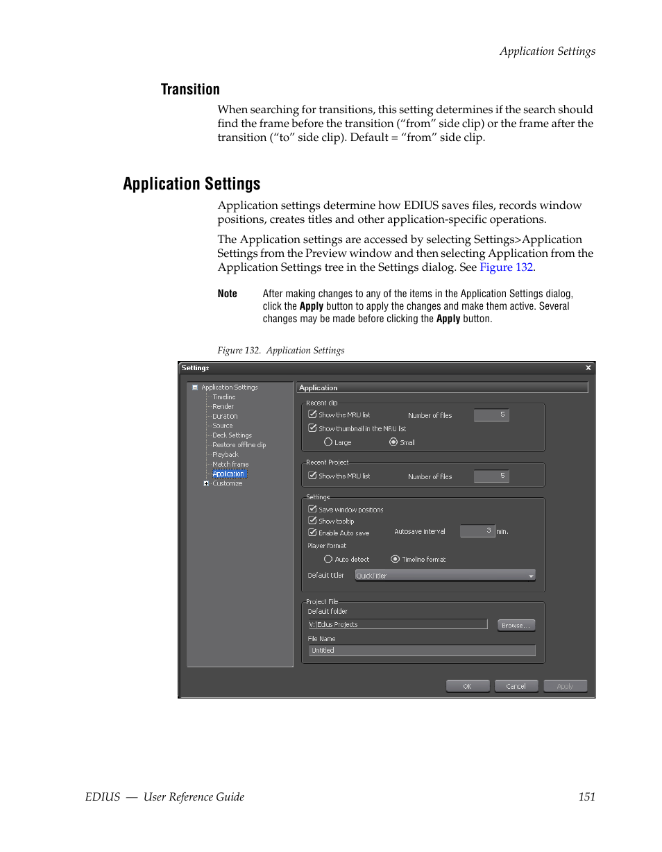 Transition, Application settings | Grass Valley EDIUS v.5.1 User Manual | Page 151 / 790