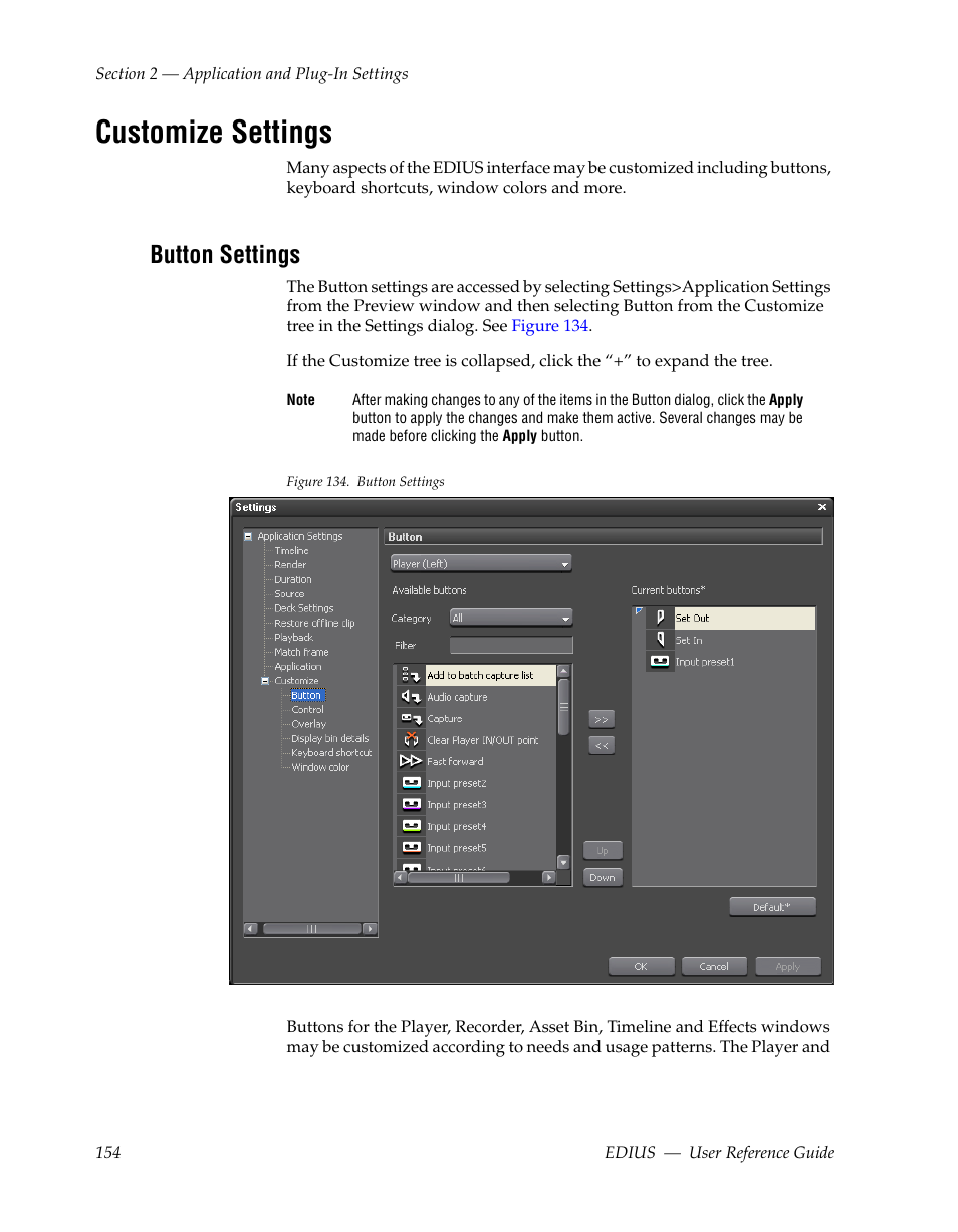 Customize settings, Button settings | Grass Valley EDIUS v.5.1 User Manual | Page 154 / 790