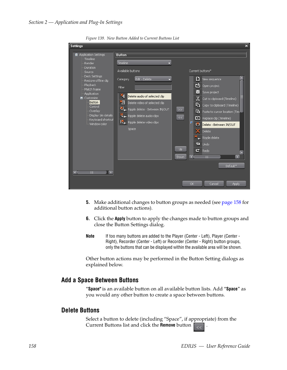 Add a space between buttons, Delete buttons | Grass Valley EDIUS v.5.1 User Manual | Page 158 / 790