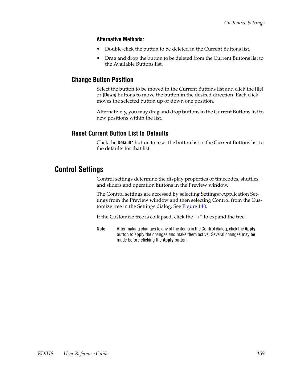 Change button position, Reset current button list to defaults, Control settings | Grass Valley EDIUS v.5.1 User Manual | Page 159 / 790