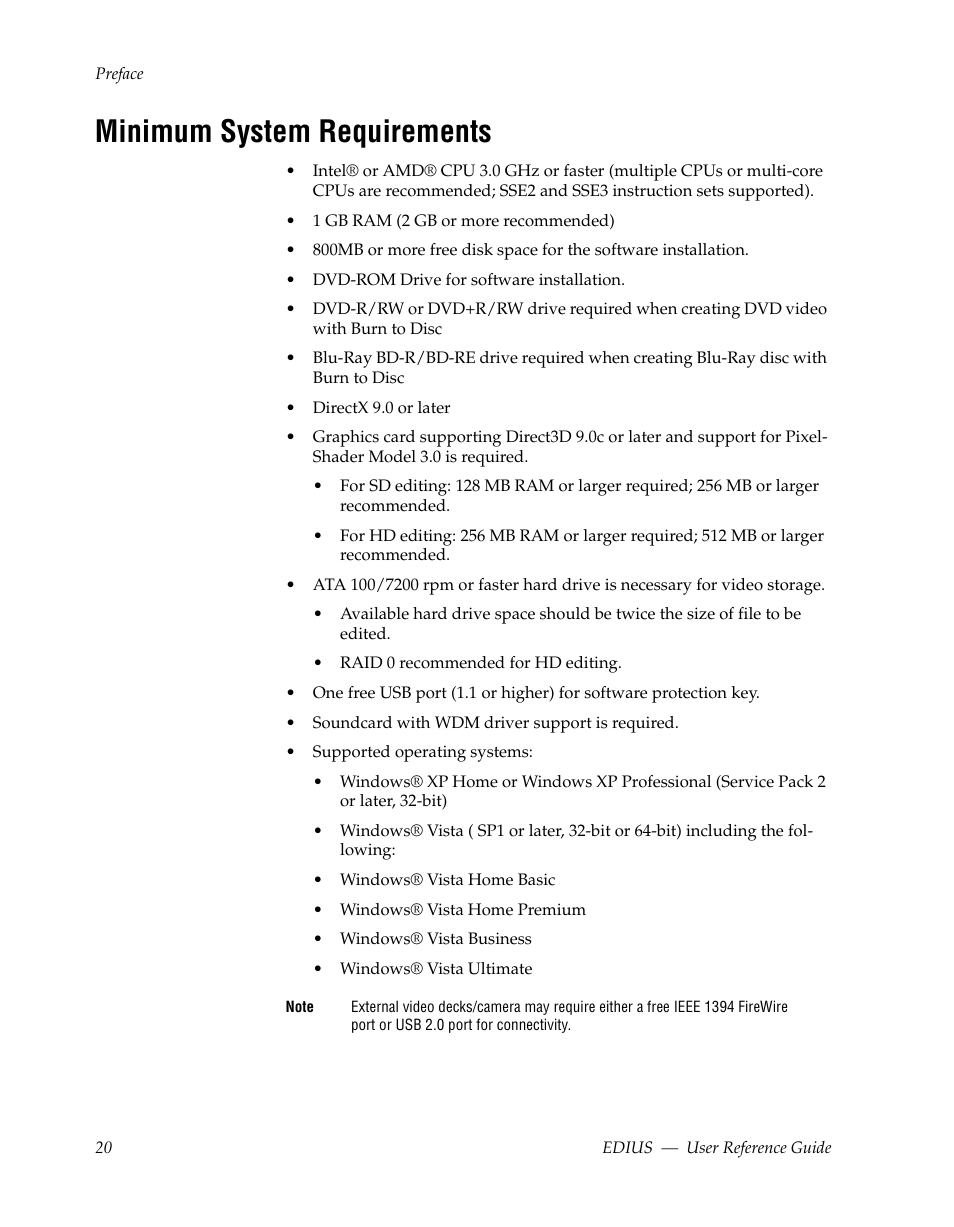 Minimum system requirements | Grass Valley EDIUS v.5.1 User Manual | Page 20 / 790