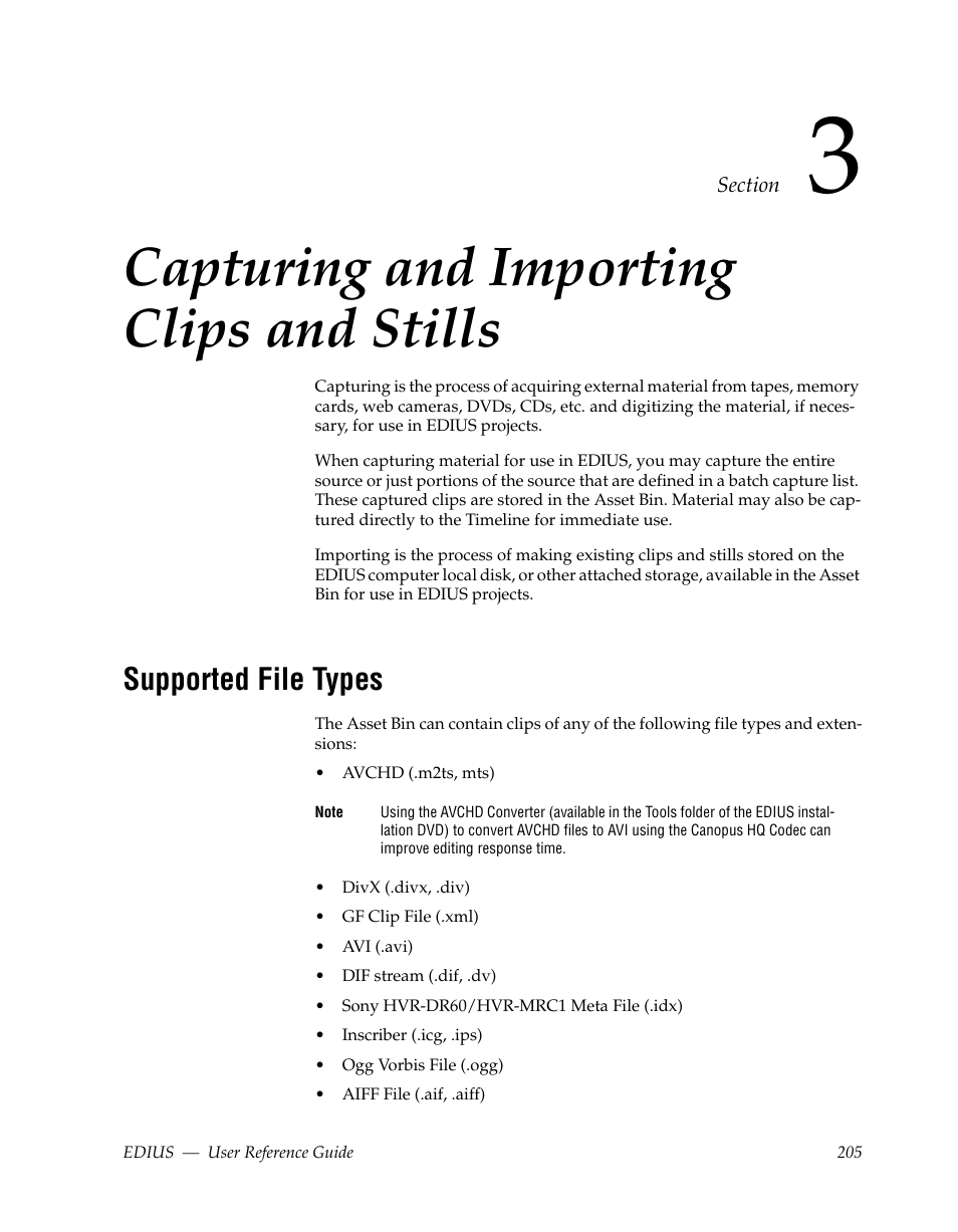 Capturing and importing clips and stills, Supported file types | Grass Valley EDIUS v.5.1 User Manual | Page 205 / 790