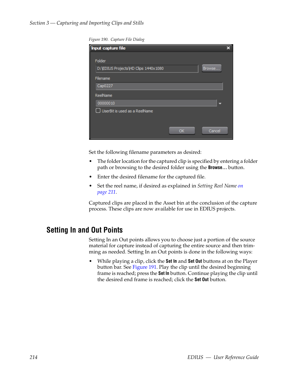 Setting in and out points, Figure 190 | Grass Valley EDIUS v.5.1 User Manual | Page 214 / 790