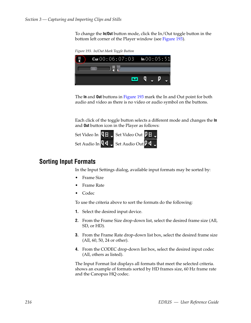 Sorting input formats | Grass Valley EDIUS v.5.1 User Manual | Page 216 / 790