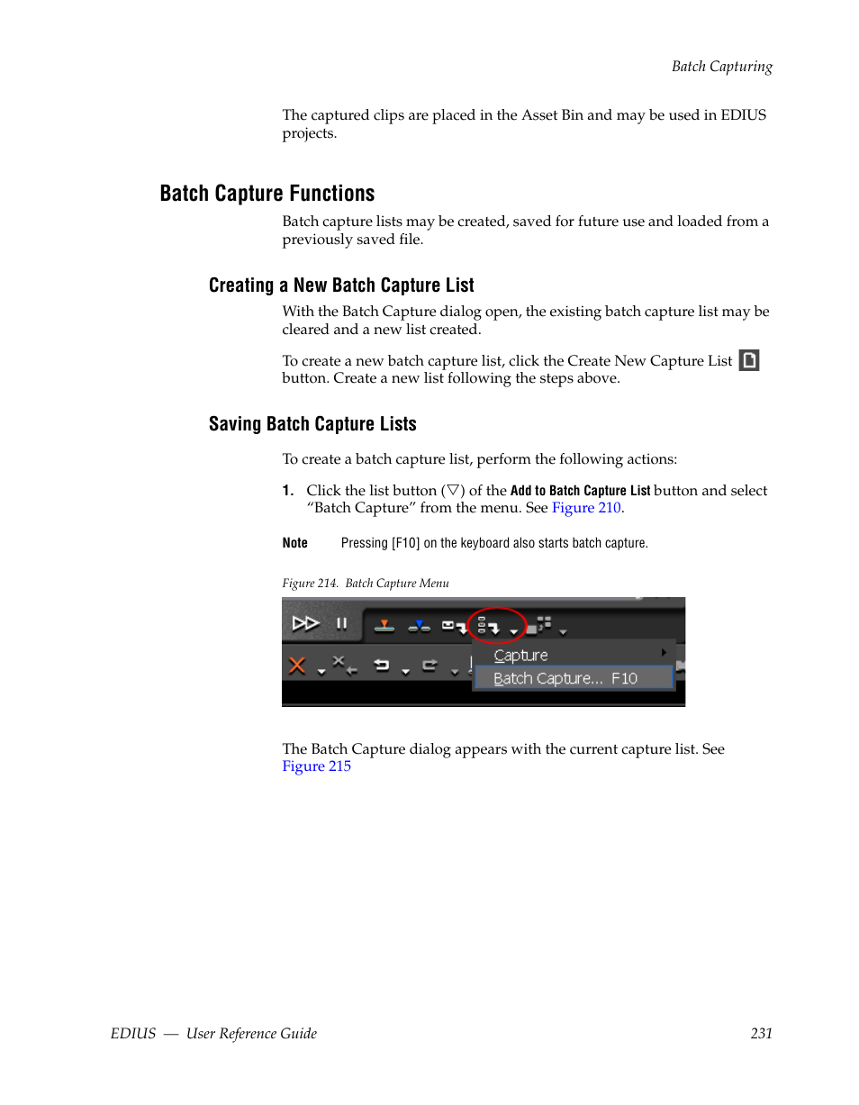 Batch capture functions, Creating a new batch capture list, Saving batch capture lists | Grass Valley EDIUS v.5.1 User Manual | Page 231 / 790